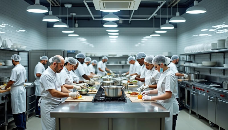 Imagem mostra equipe trabalhando em cozinha industrial ampla