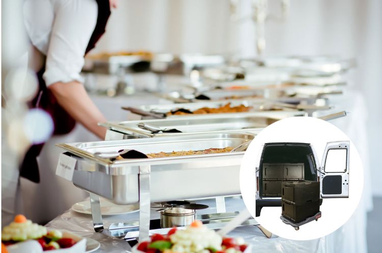 Imagem mostra serviço de catering, com patch de carro para refeição transportada